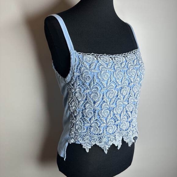 Vintage Blue Lace Overlay Floral Crop Top Cami Size M Y2k Cottage Fairy Romantic - Picture 3 of 11
